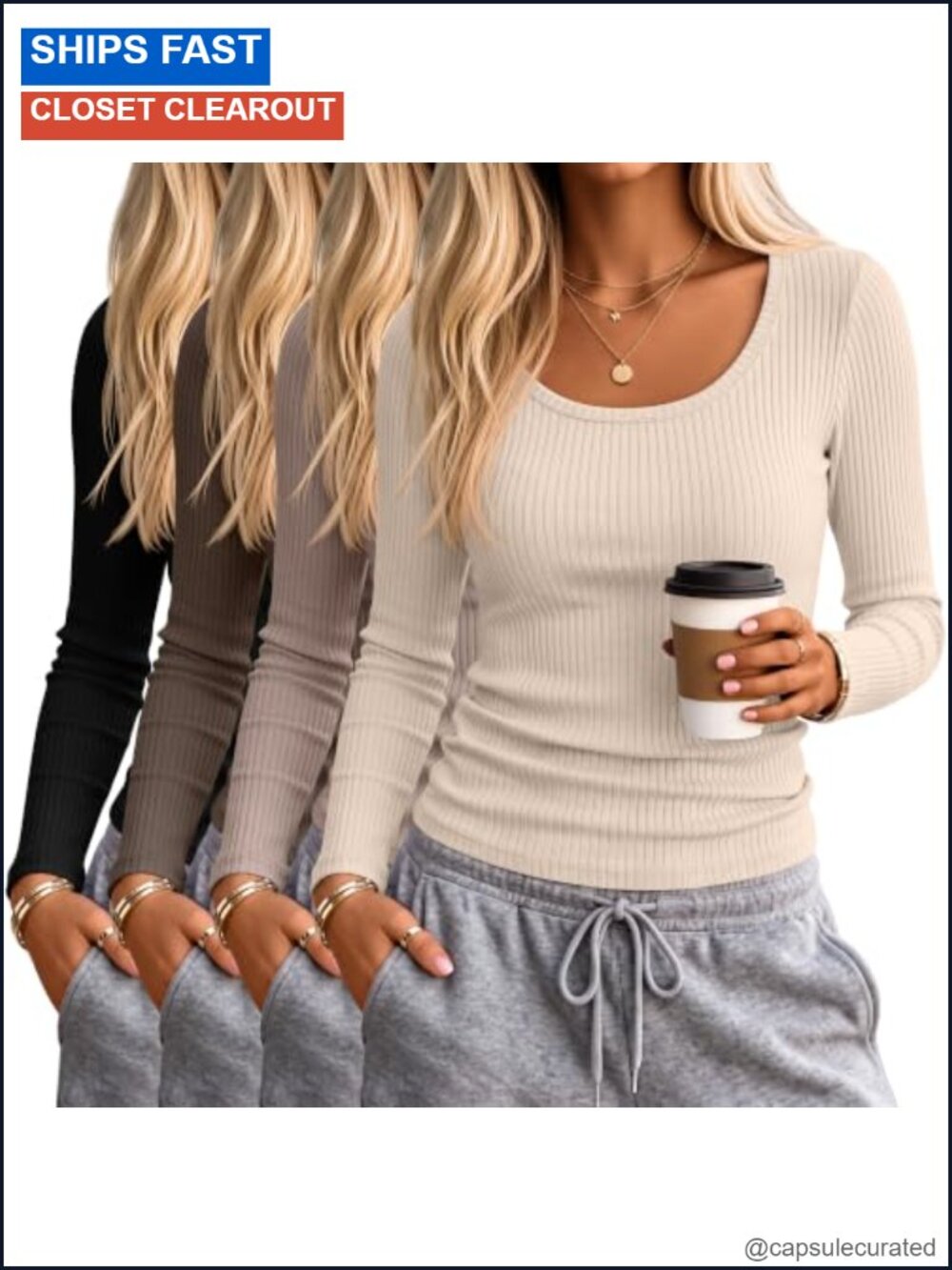 4 Pack Women's Scoop Neck Long Sleeve Ribbed Tops Fall Layering